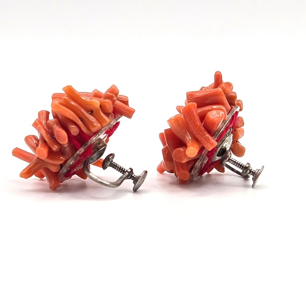 Vintage 50s Natural Red Coral Branch Cluster Sterling Silver Screw Back Earrings - Picture 4 of 7